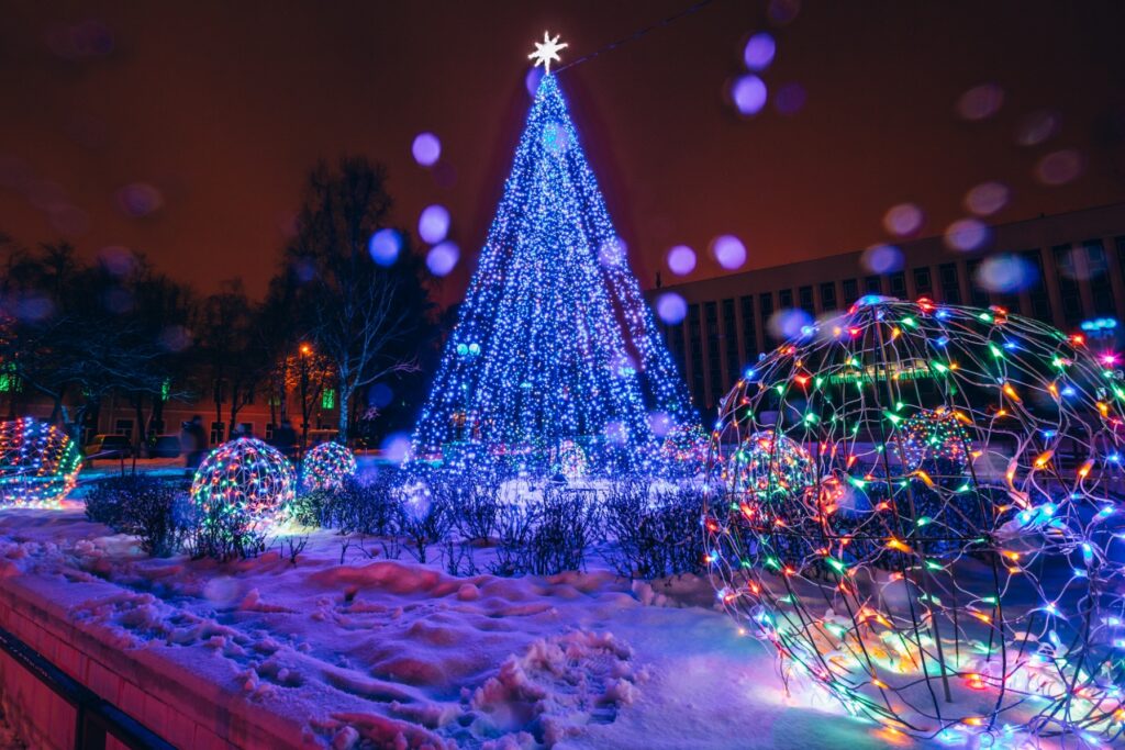 Glowing Blue Christmas Lights And Trees