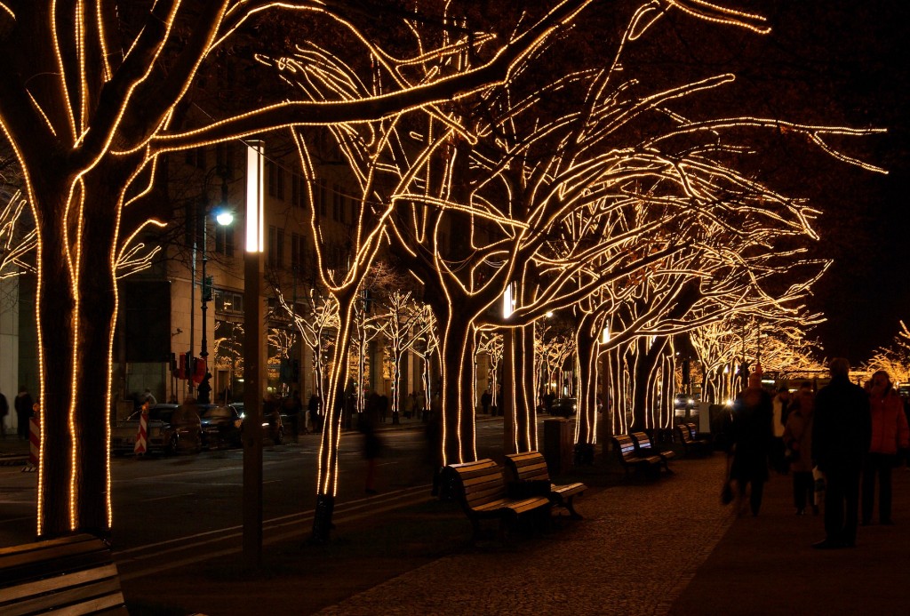 Glowing Yellow Christmas Trees On The Street